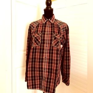 Men's Roar Enough Excuses L Button Down Red Checkered Long Sleeve Shirt